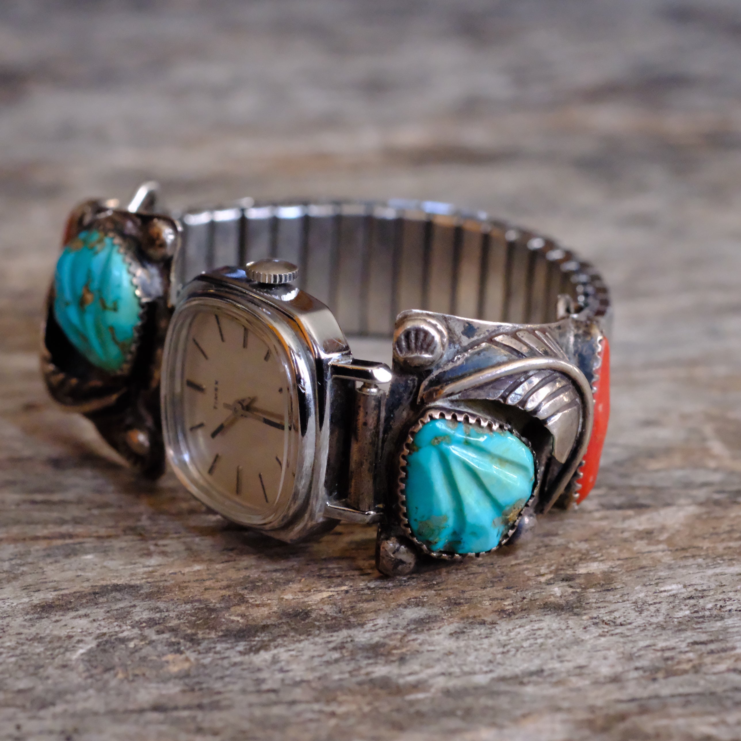 Vintage Sterling Faceted Turquoise and Coral Feather Watch