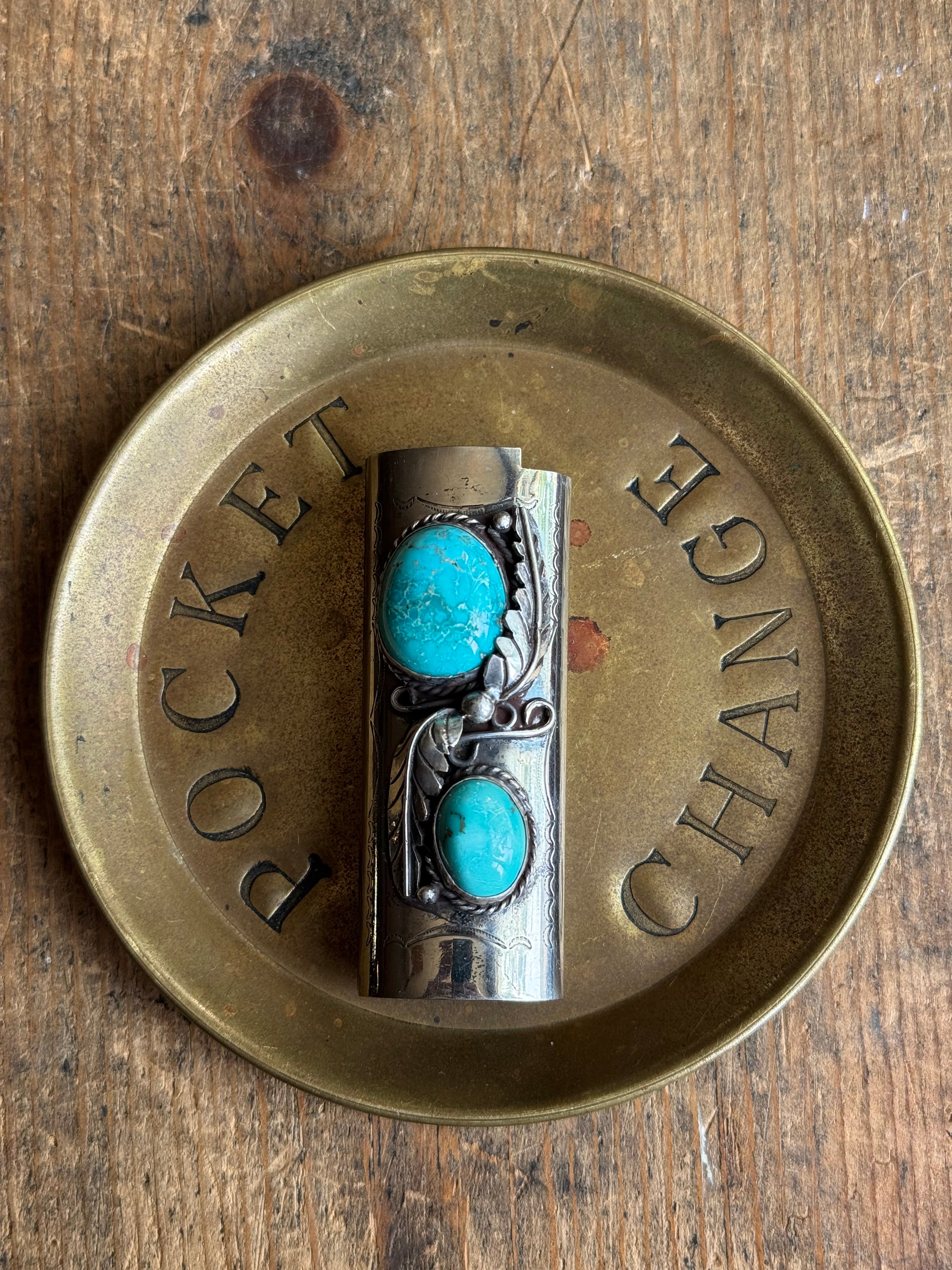 Vintage Stamped Nickel & Sterling Silver Turquoise Lighter Case