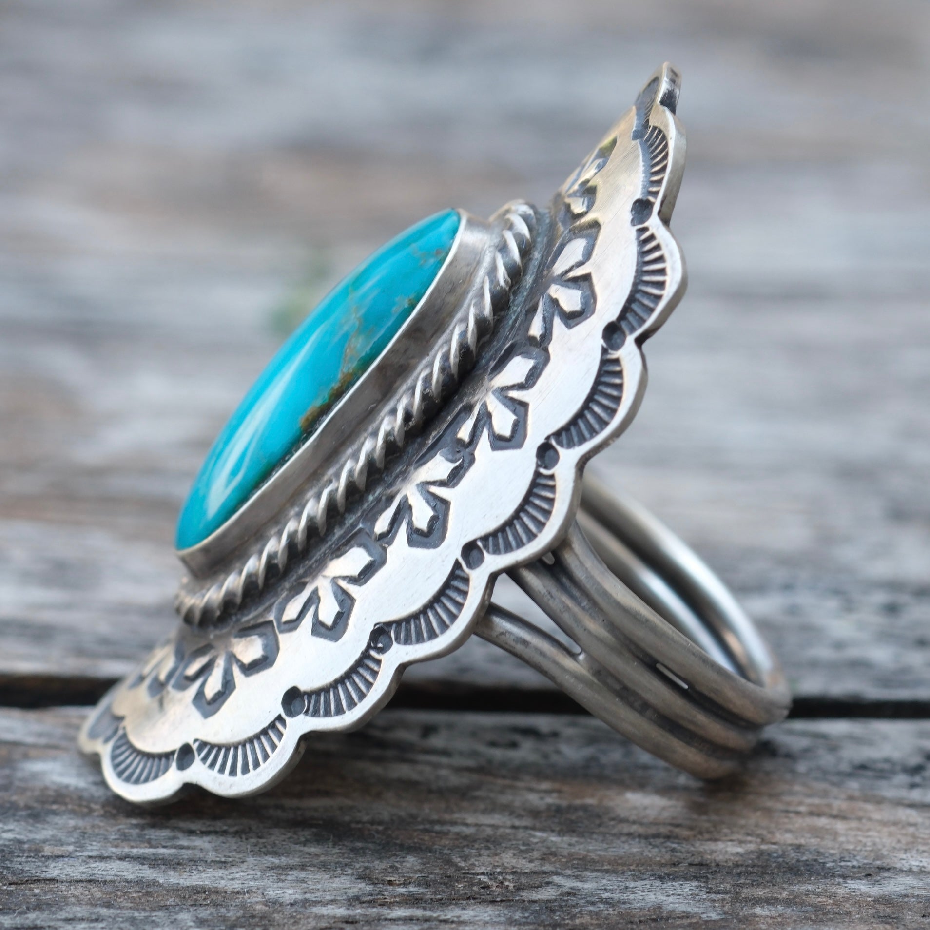 Vintage Sterling Running Bear Turquoise Stamped Ring 8