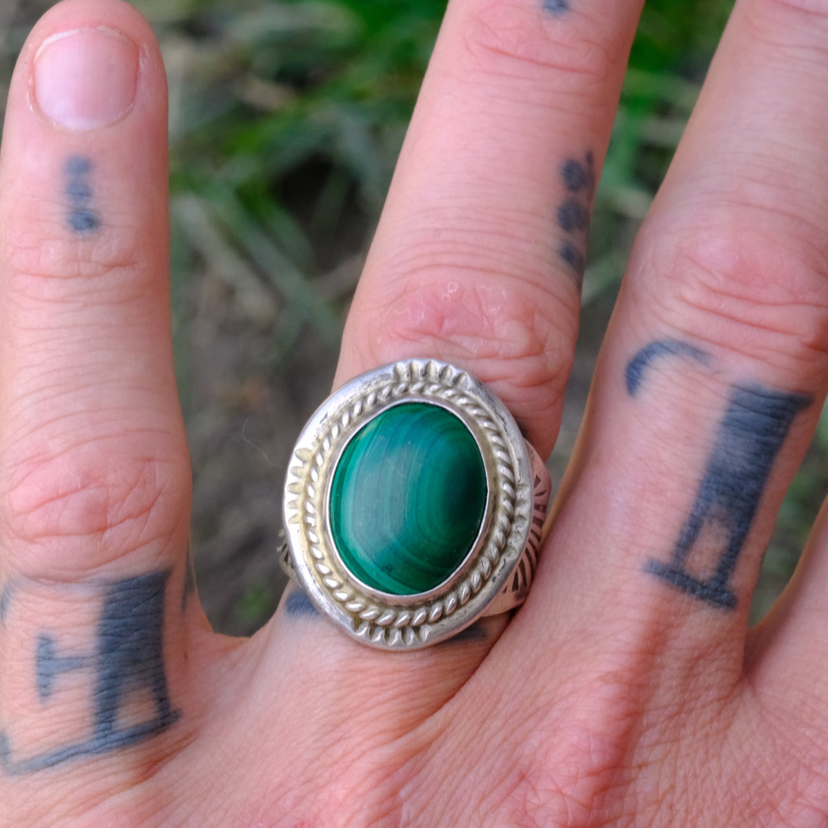 Vintage Sterling Malachite Stamped Band Ring 7.75