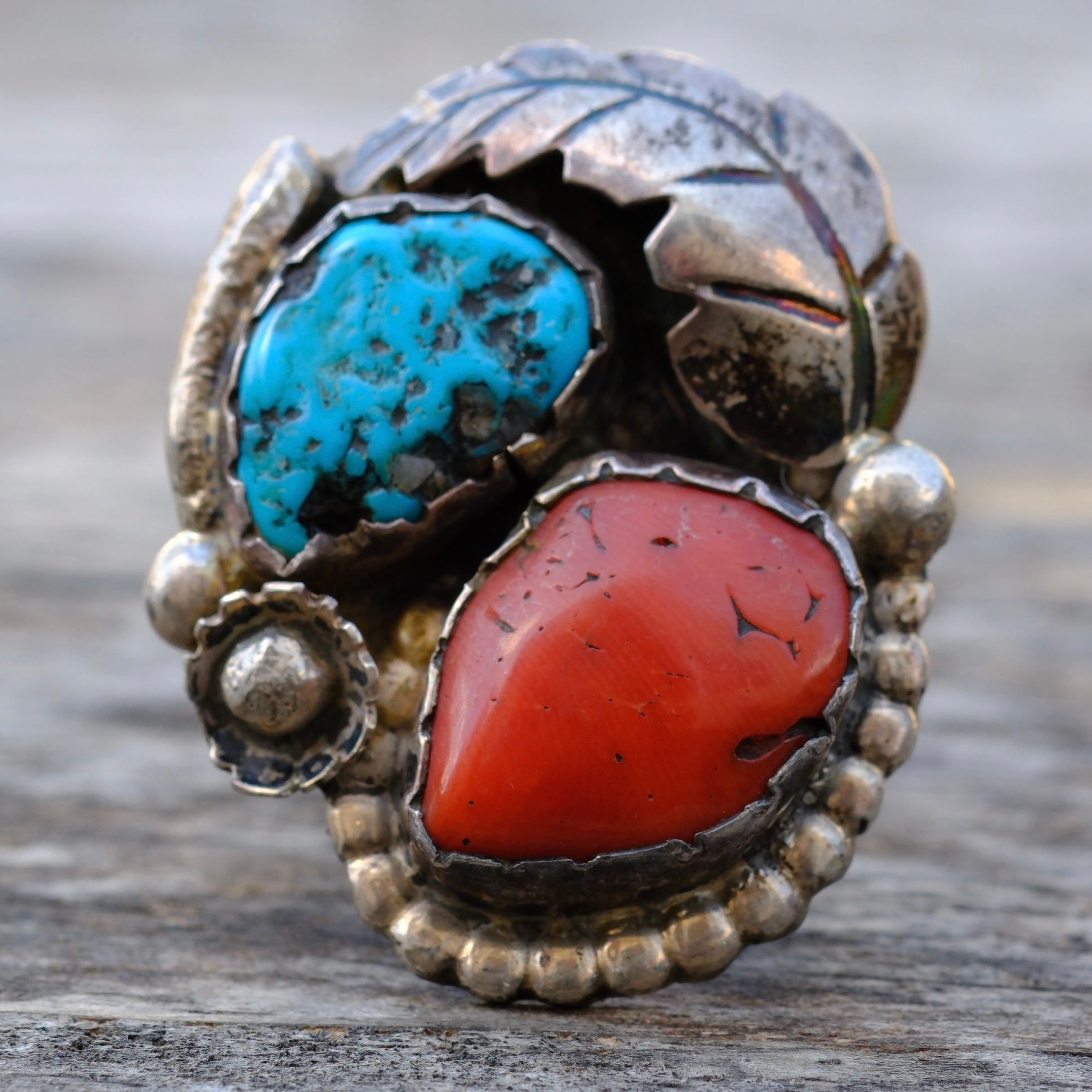 Vintage Sterling Turquoise and Coral Feather Ring 11.75