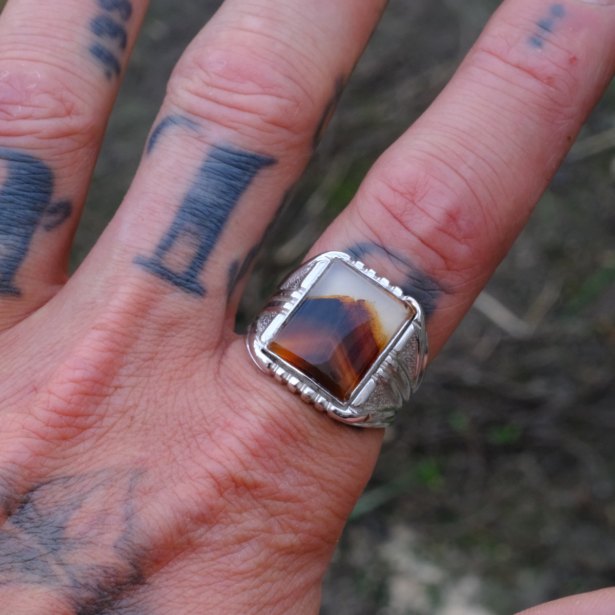 Vintage Sterling Agate Signet Ring 10.5