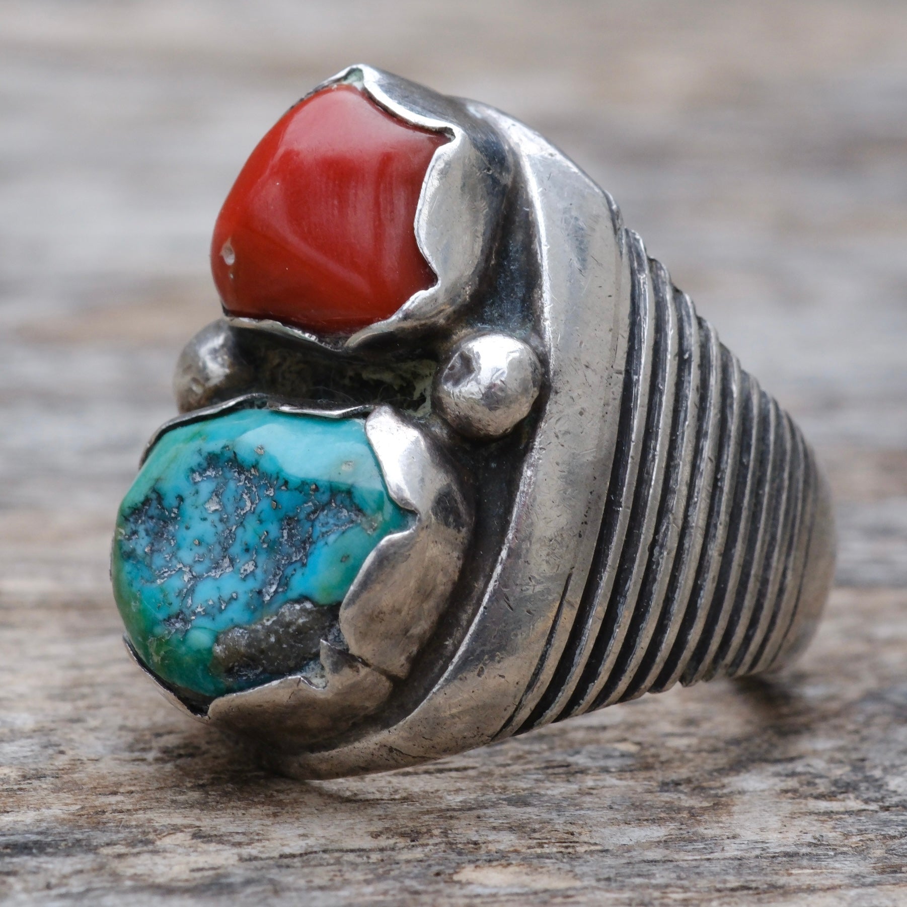 Vintage Sterling Turquoise and Coral Ring 9.25