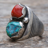 Vintage Sterling Turquoise and Coral Ring 9.25