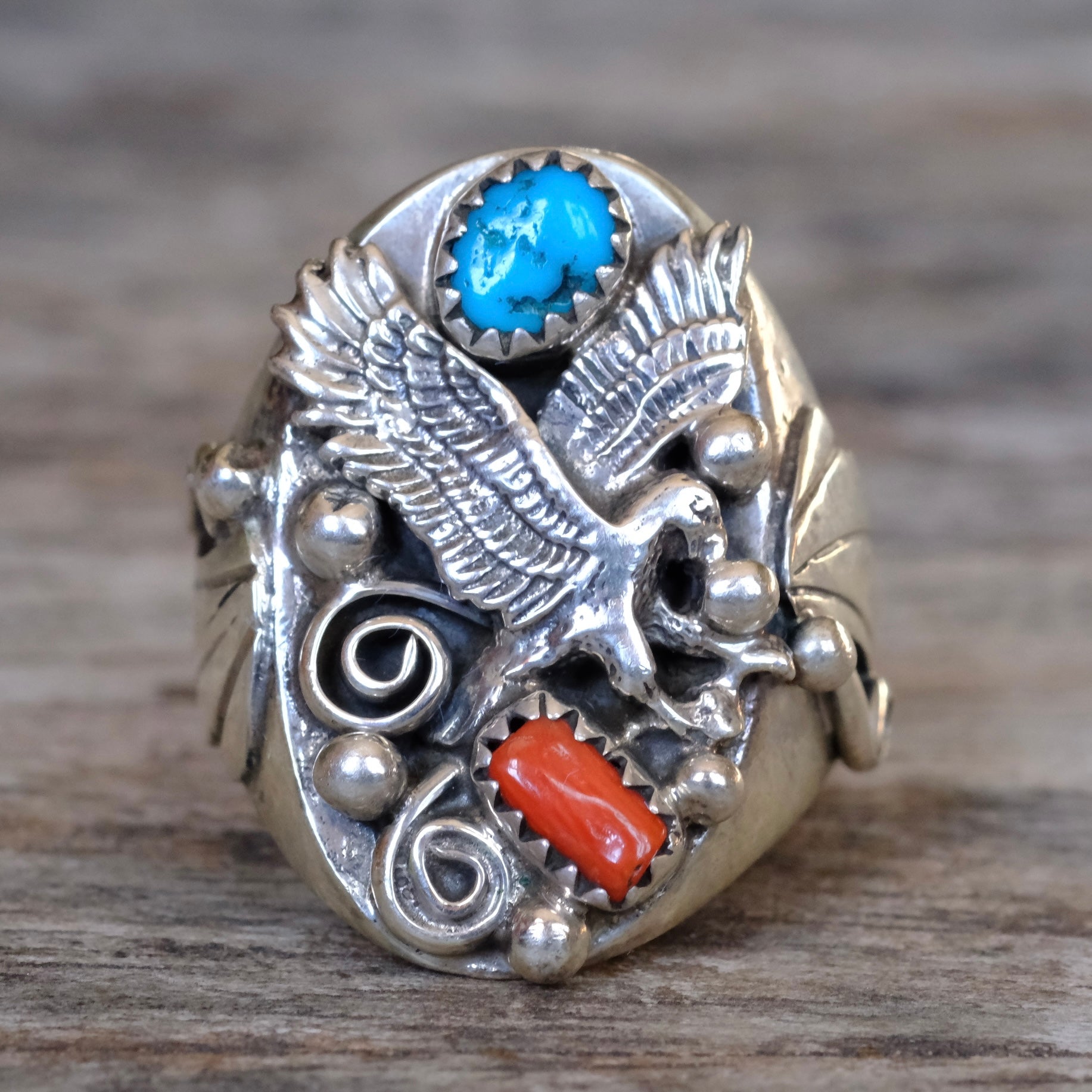 Vintage Sterling Turquoise and Coral Eagle Ring 9.5