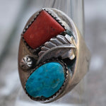 Vintage Sterling Turquoise and Coral Feather Ring 11.25