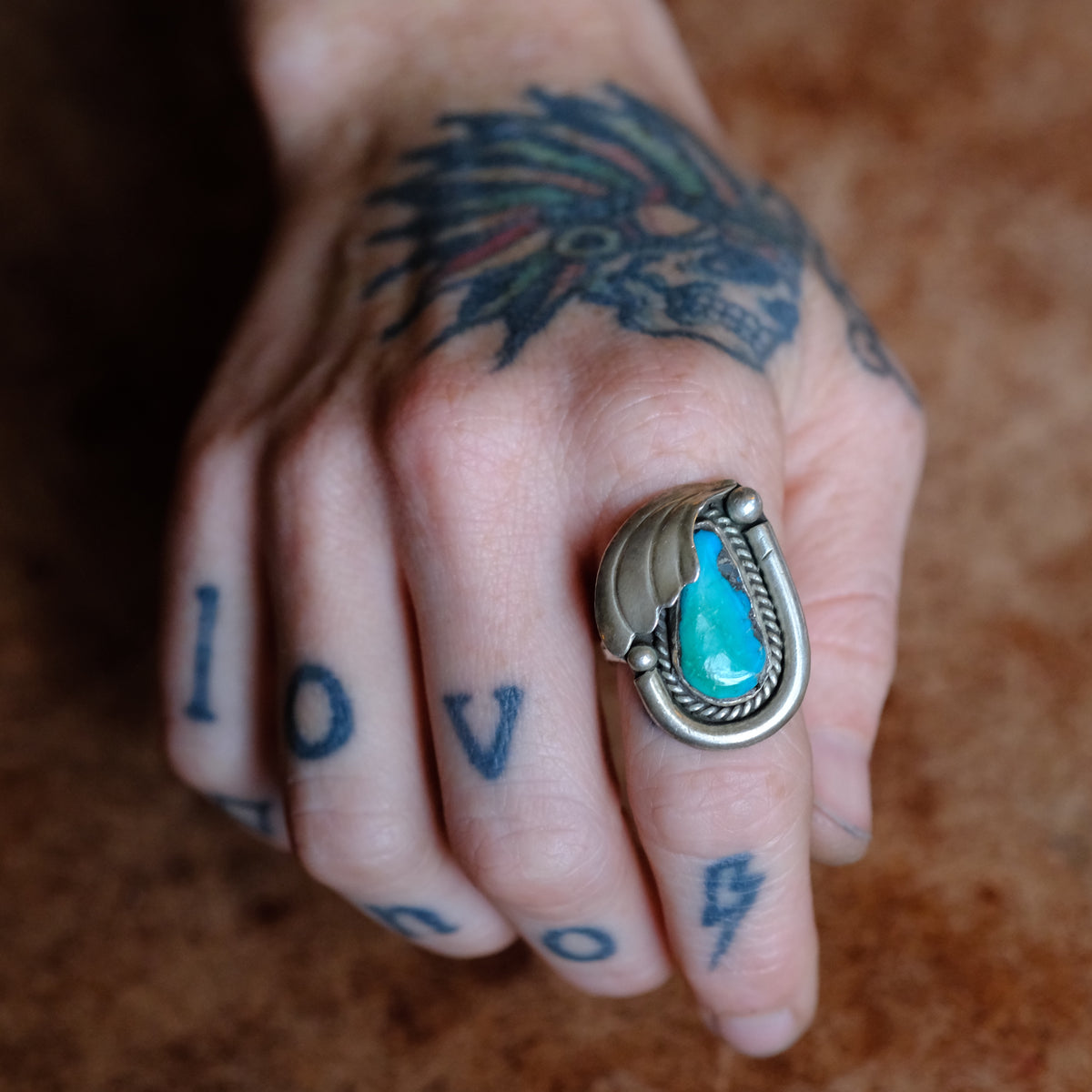 Vintage Sterling Turquoise Feather Ring 8.5
