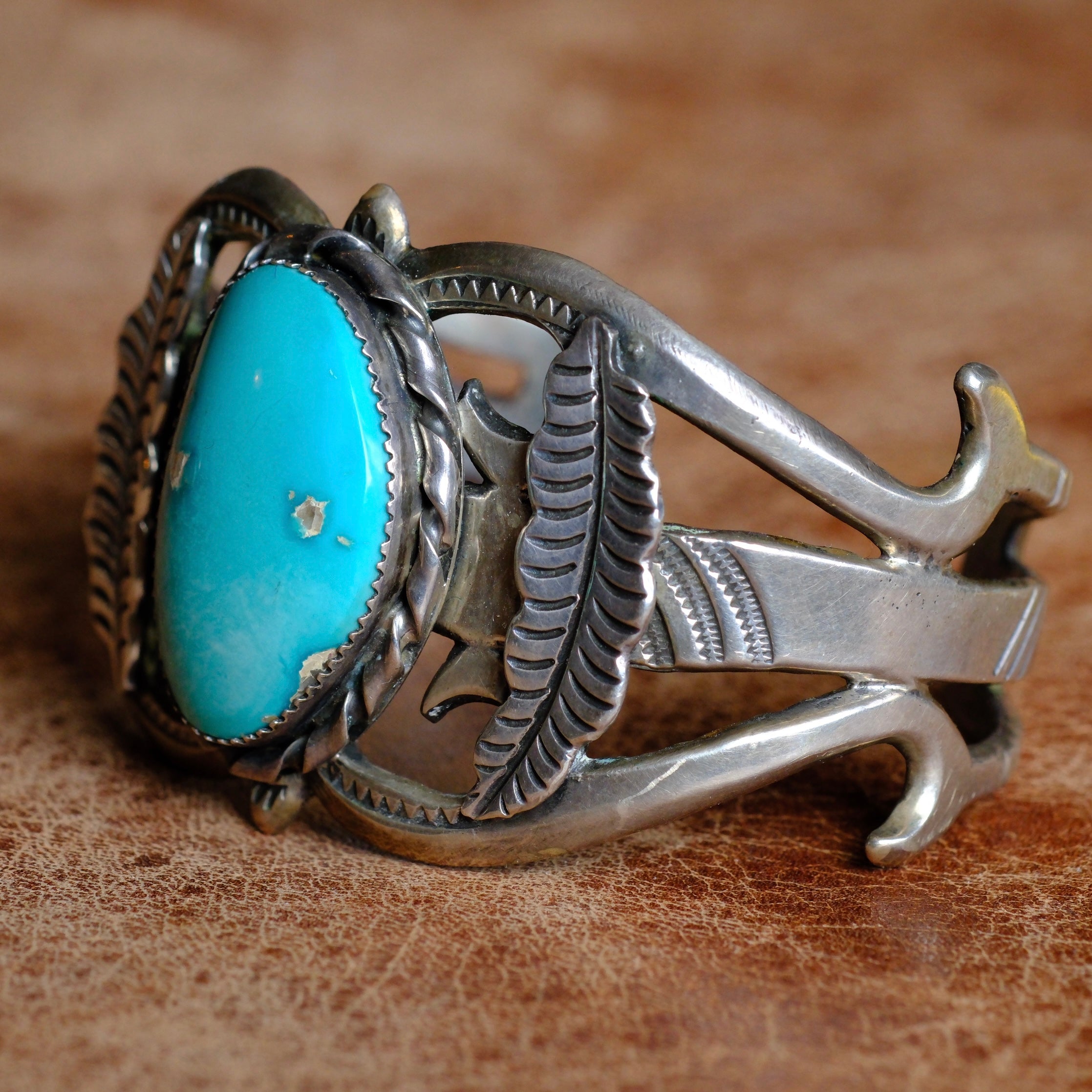 Vintage Sterling Turquoise Sandcast Cuff Bracelet