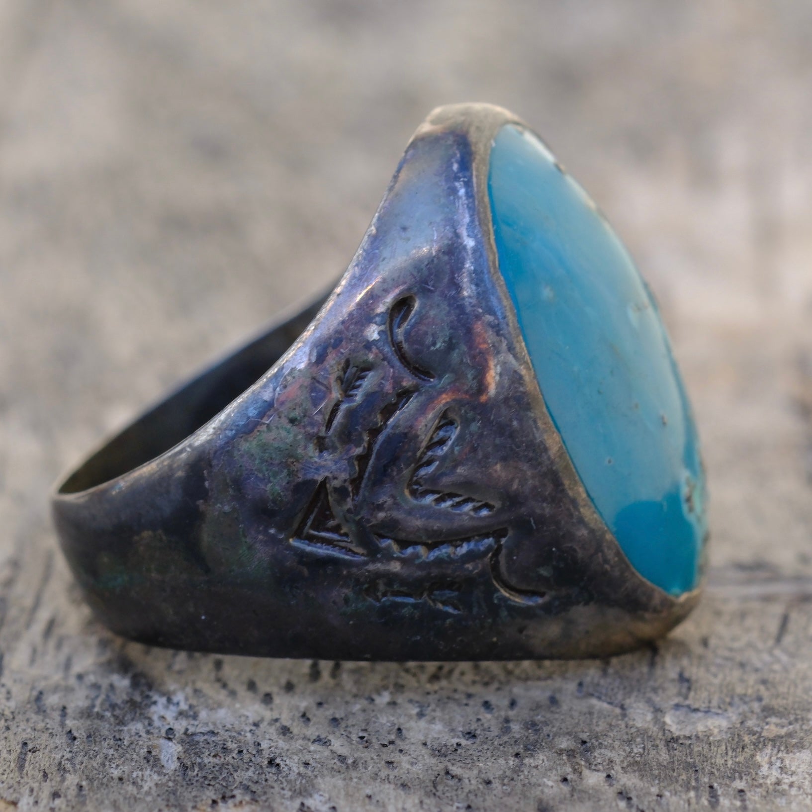 Vintage Sterling Turquoise Stamped V Bells Trading Post Ring 8.75