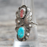 Vintage Sterling Turquoise and Coral Feather Ring 8.5