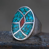 Vintage Sterling Crushed Turquoise and Coral Inlay Ring 10