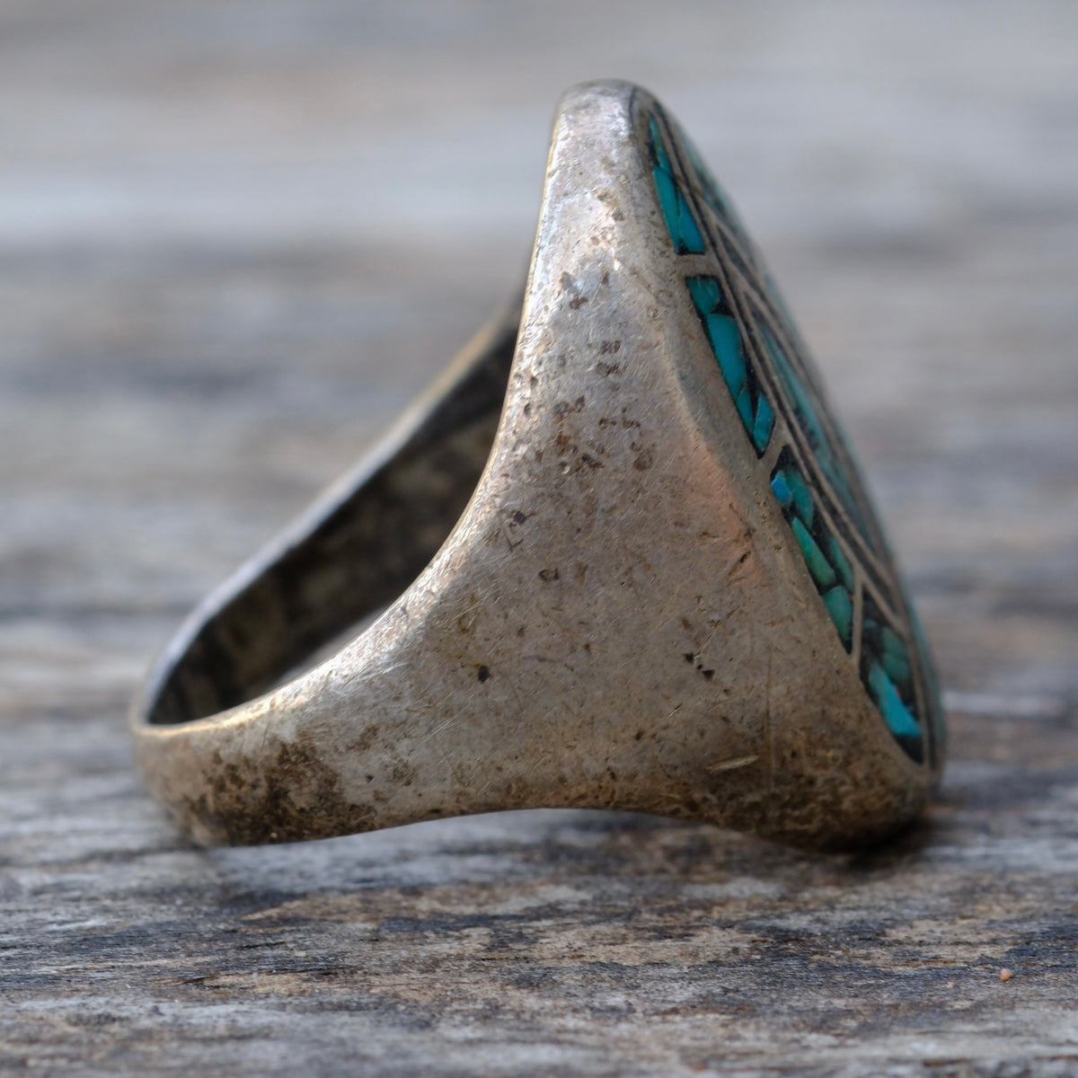 Vintage Sterling Turquoise Chip Inlay Hummingbird Ring 10.5