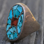 Vintage Sterling Crushed Turquoise and Coral Inlay Ring 11