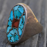 Vintage Sterling Crushed Turquoise and Coral Inlay Ring 11