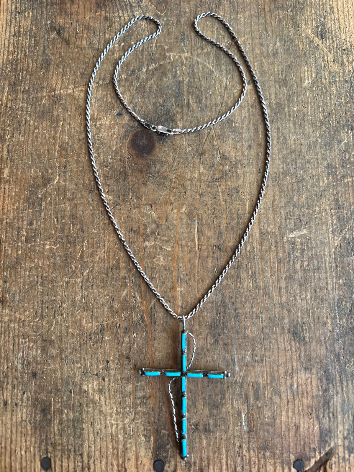 Vintage Sterling Silver Petit Point Turquoise Cross Necklace
