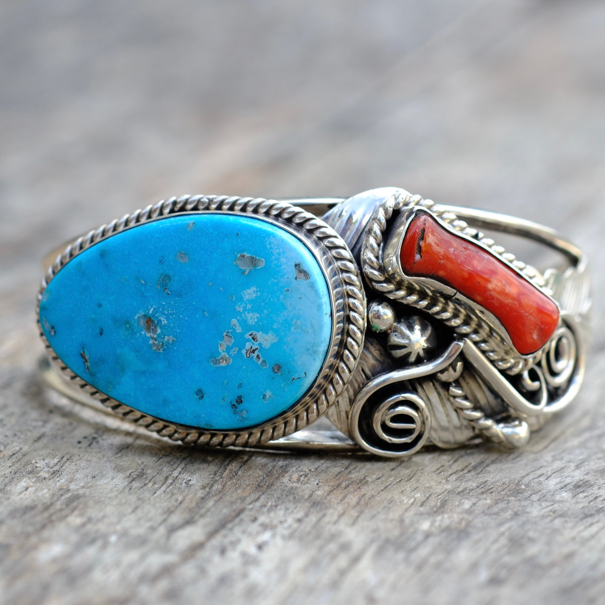 Vintage Sterling Turquoise and Coral Cuff Bracelet