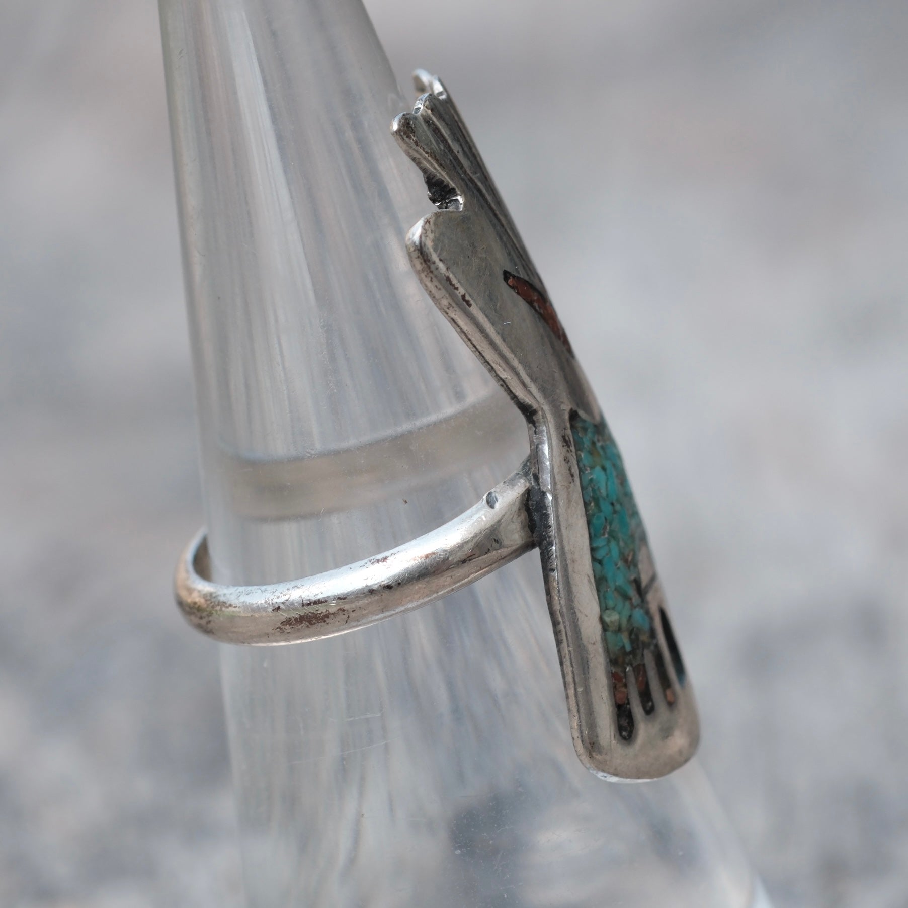 Vintage Sterling Turquoise and Coral Teepee Ring 6.75