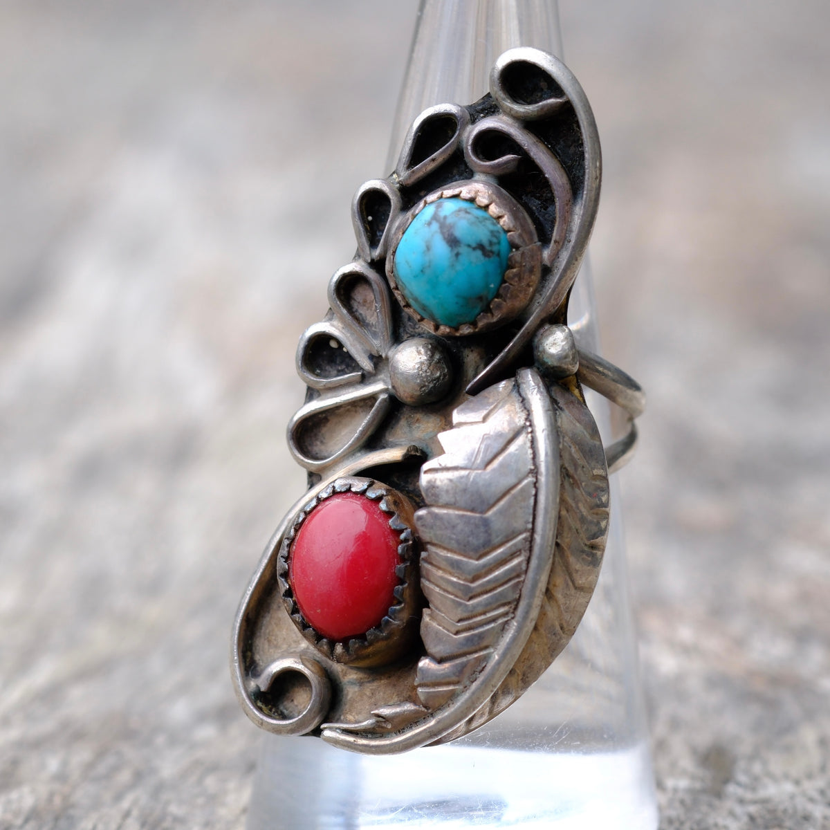 Vintage Sterling Turquoise and Coral Feather Ring 6.5
