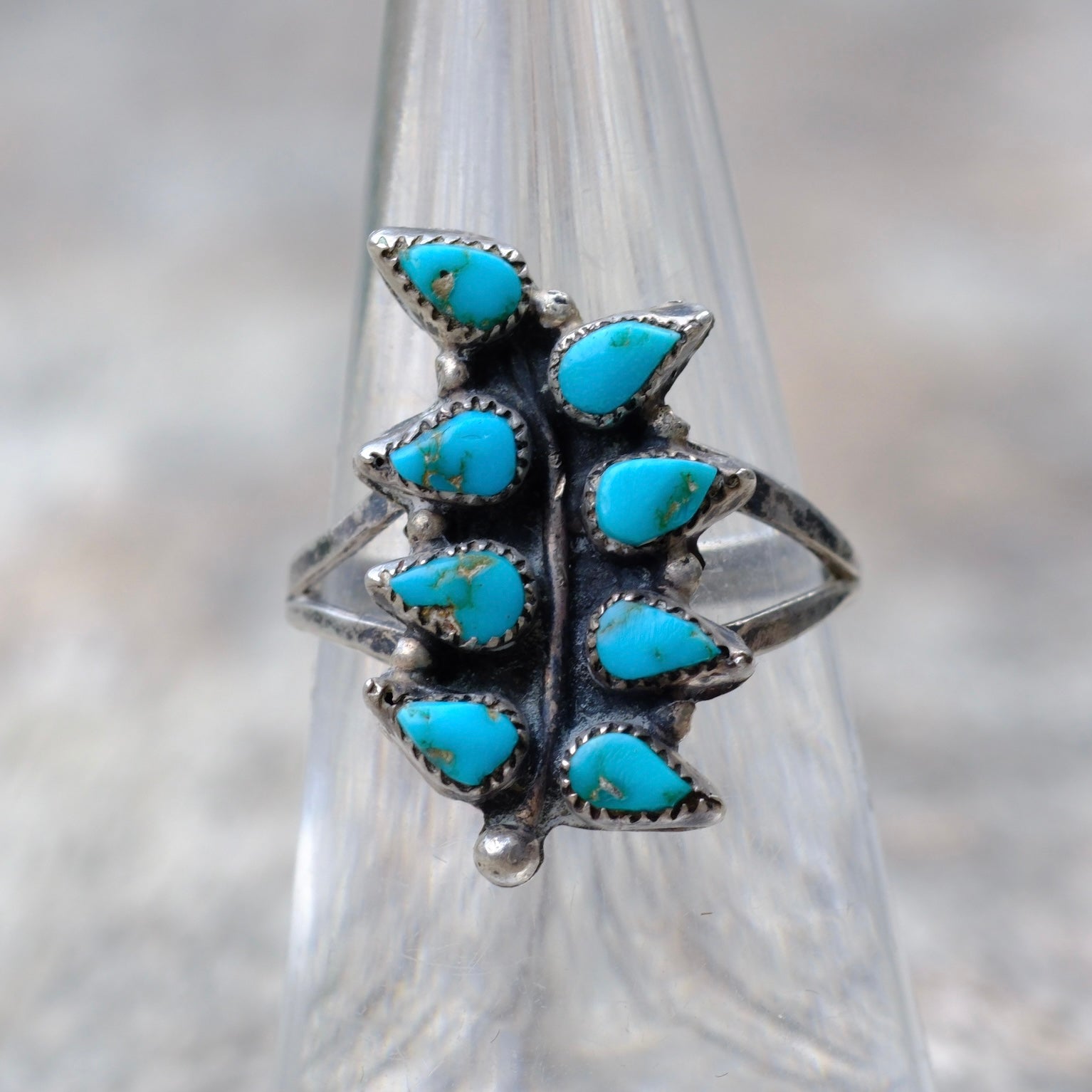Vintage Sterling Silver Turquoise Fern Leaf Ring 6.5