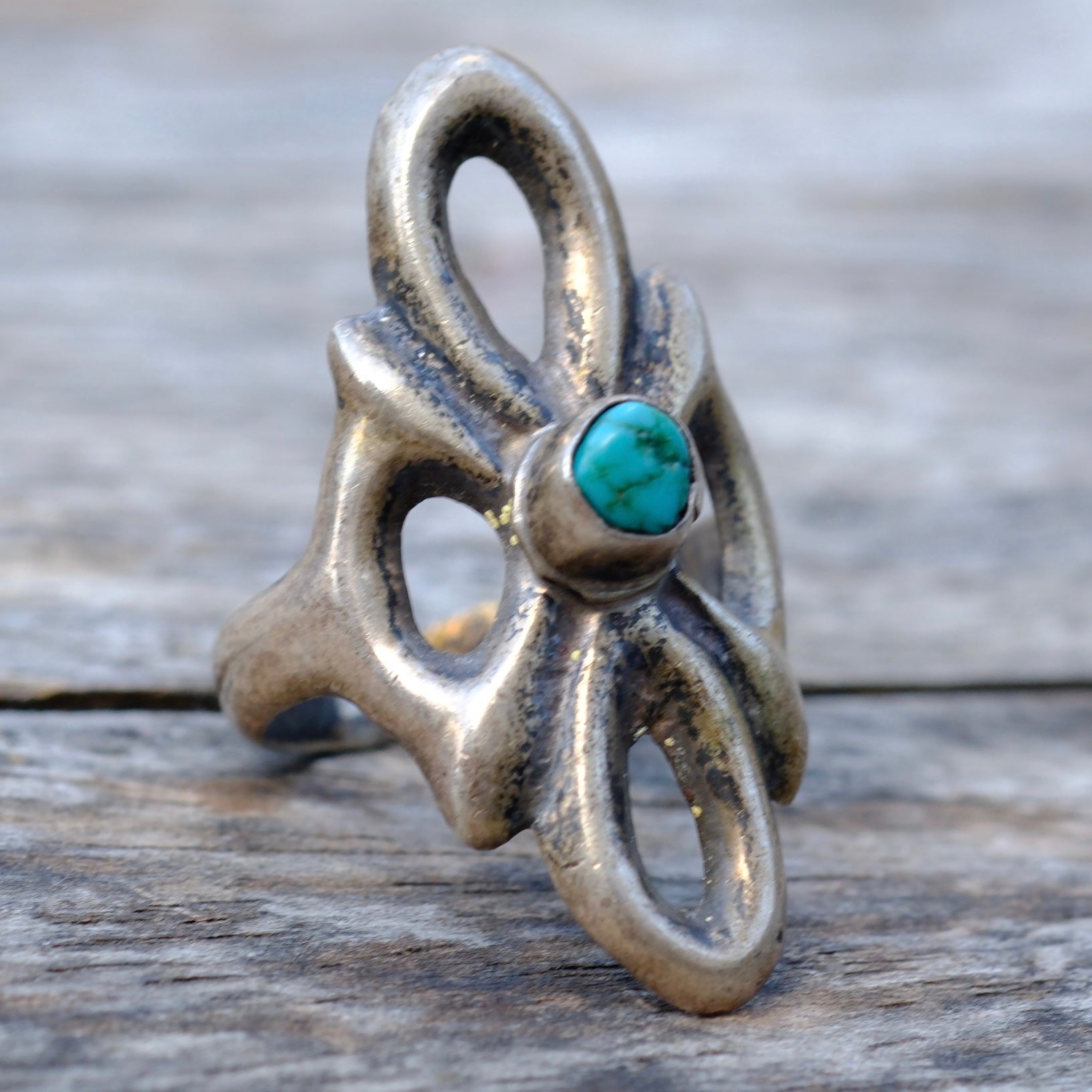 Vintage Sterling Turquoise Sand Cast Ring 6.5