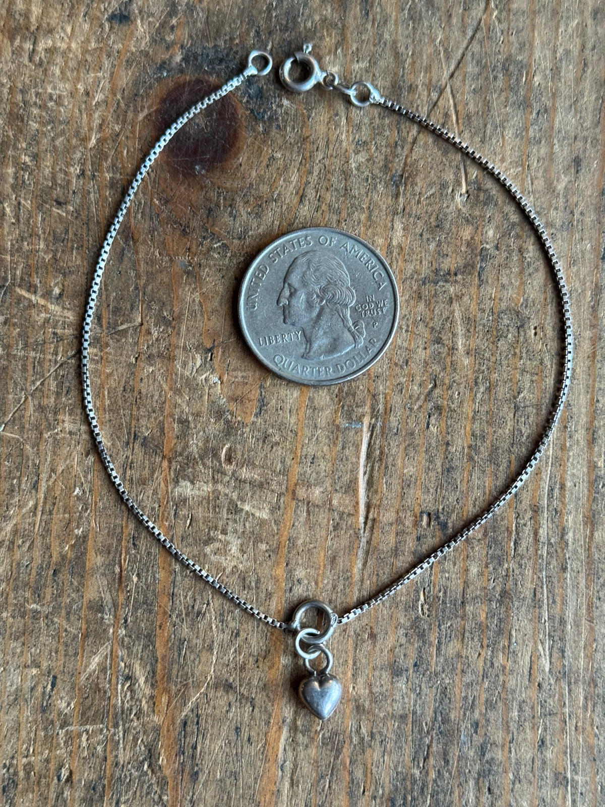 Vintage Sterling Silver Box Chain Heart Bracelet