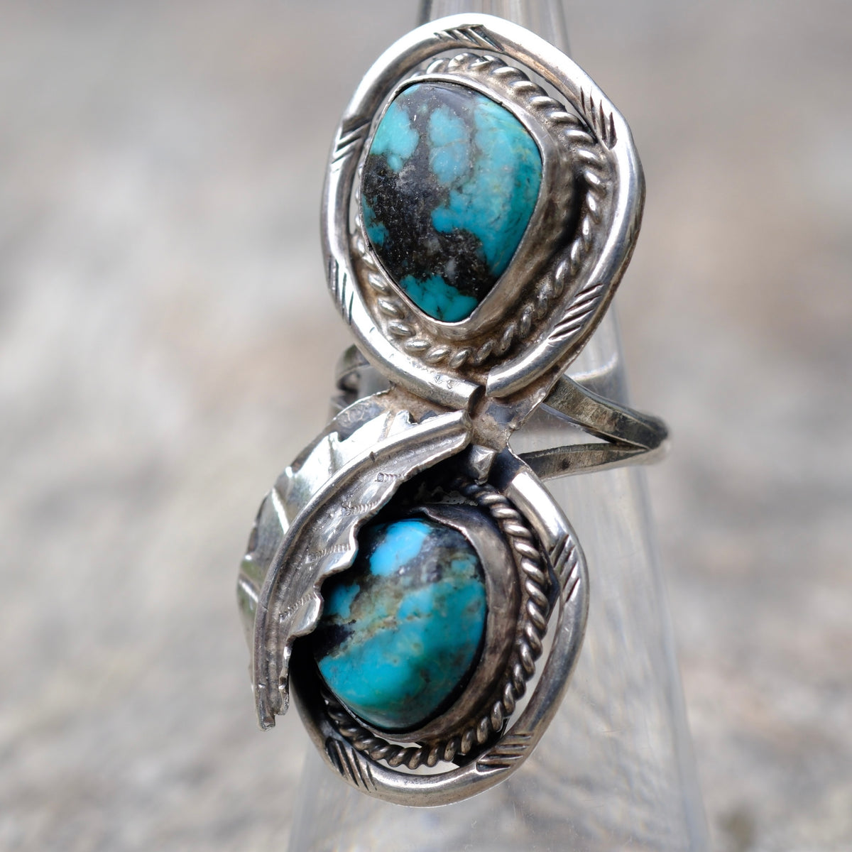 Vintage Sterling 2-Stone Turquoise Feather Ring 4.5