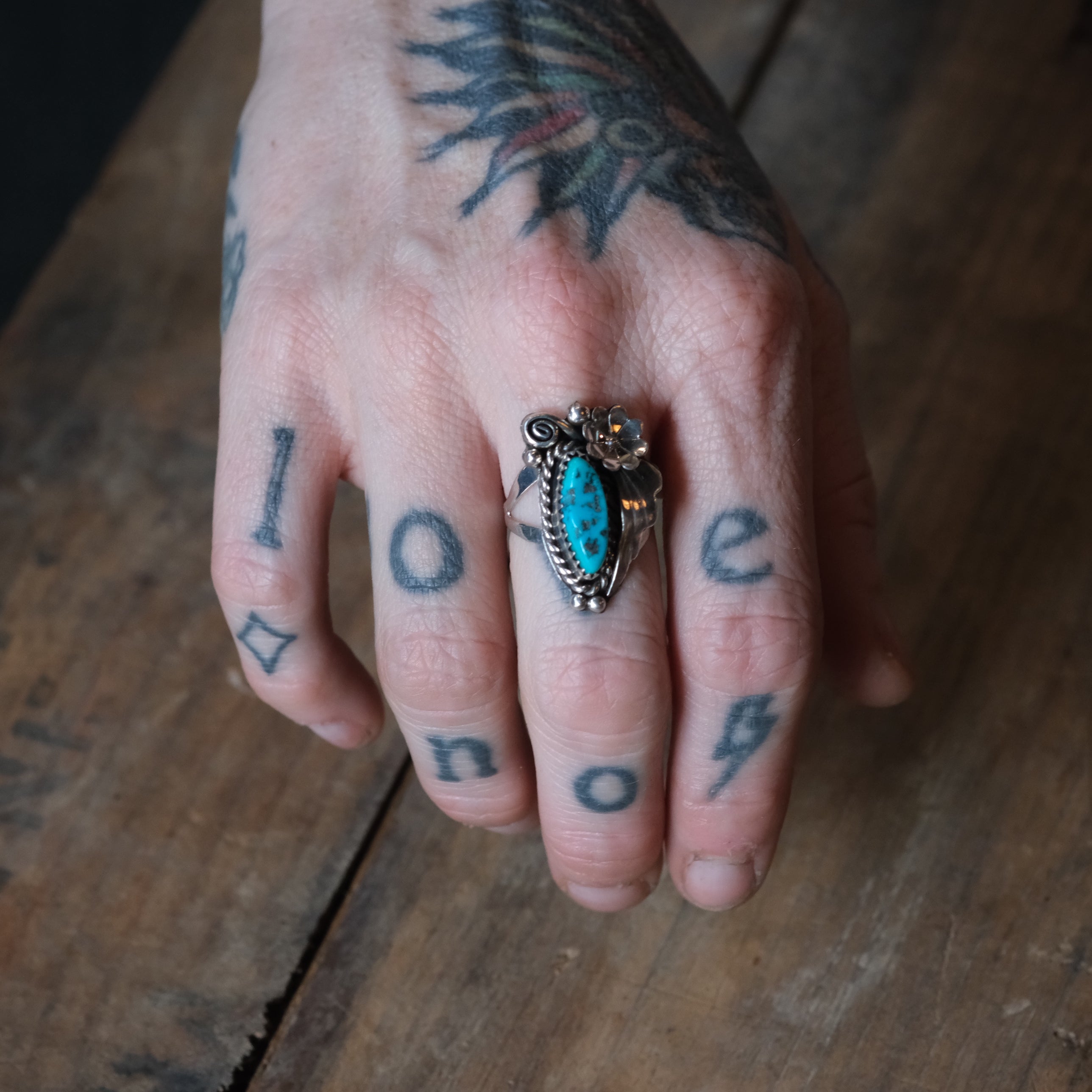 Vintage Sterling Turquoise Blossom Ring 7.25
