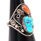 Vintage Sterling Turquoise and Coral Ring 8.5