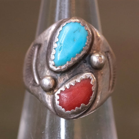 Vintage Sterling Turquoise and Coral Stamped Band Ring 6.25