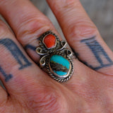 Vintage Sterling Turquoise and Coral Ring 9.25