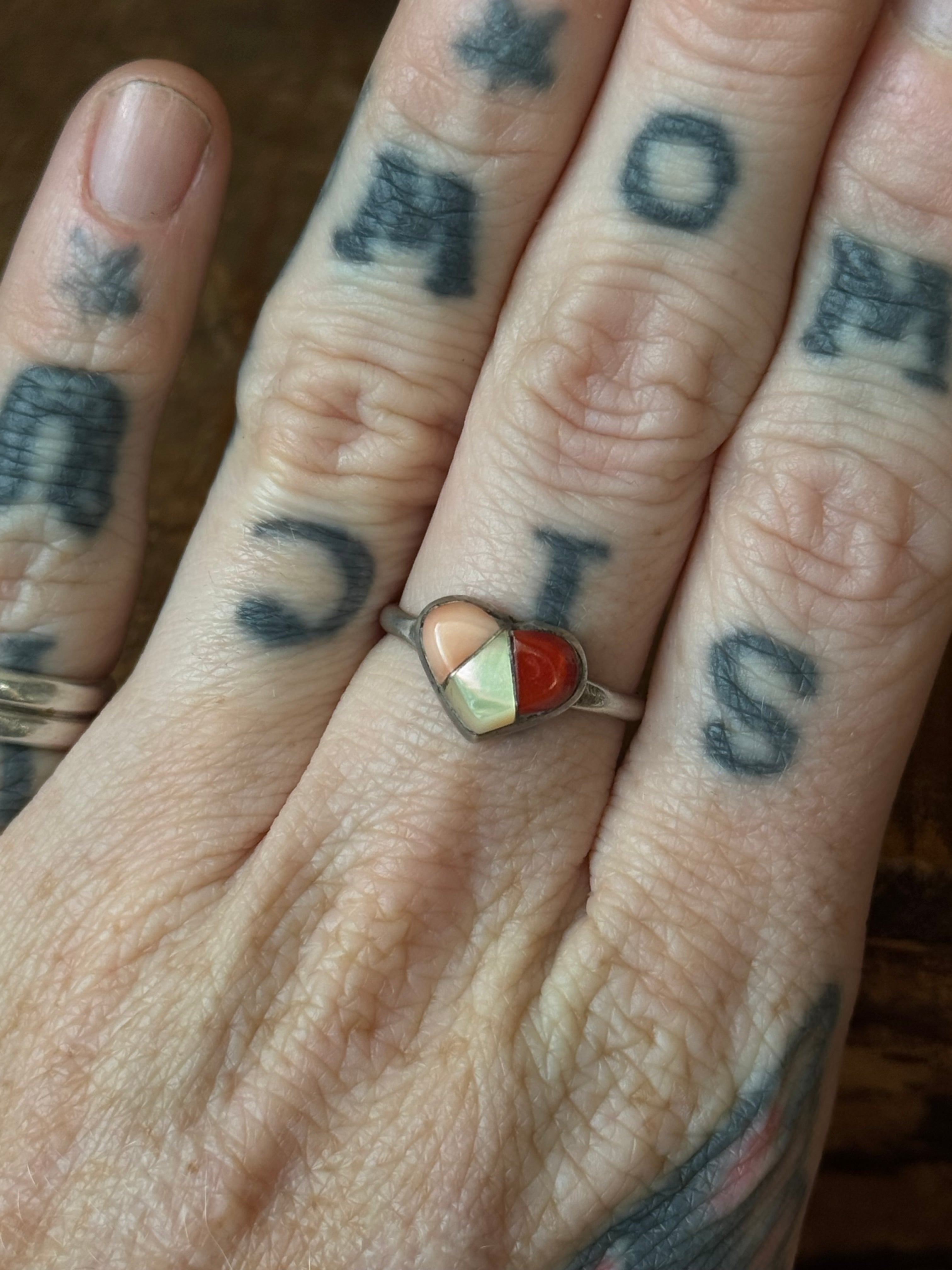 Vintage Sterling Silver Multistone Inlay Heart Ring 7