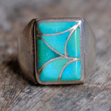 Vintage Sterling Turquoise Fish Scale Inlay Ring 10