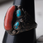 Vintage Sterling Turquoise and Coral Ribbed Band Ring 11