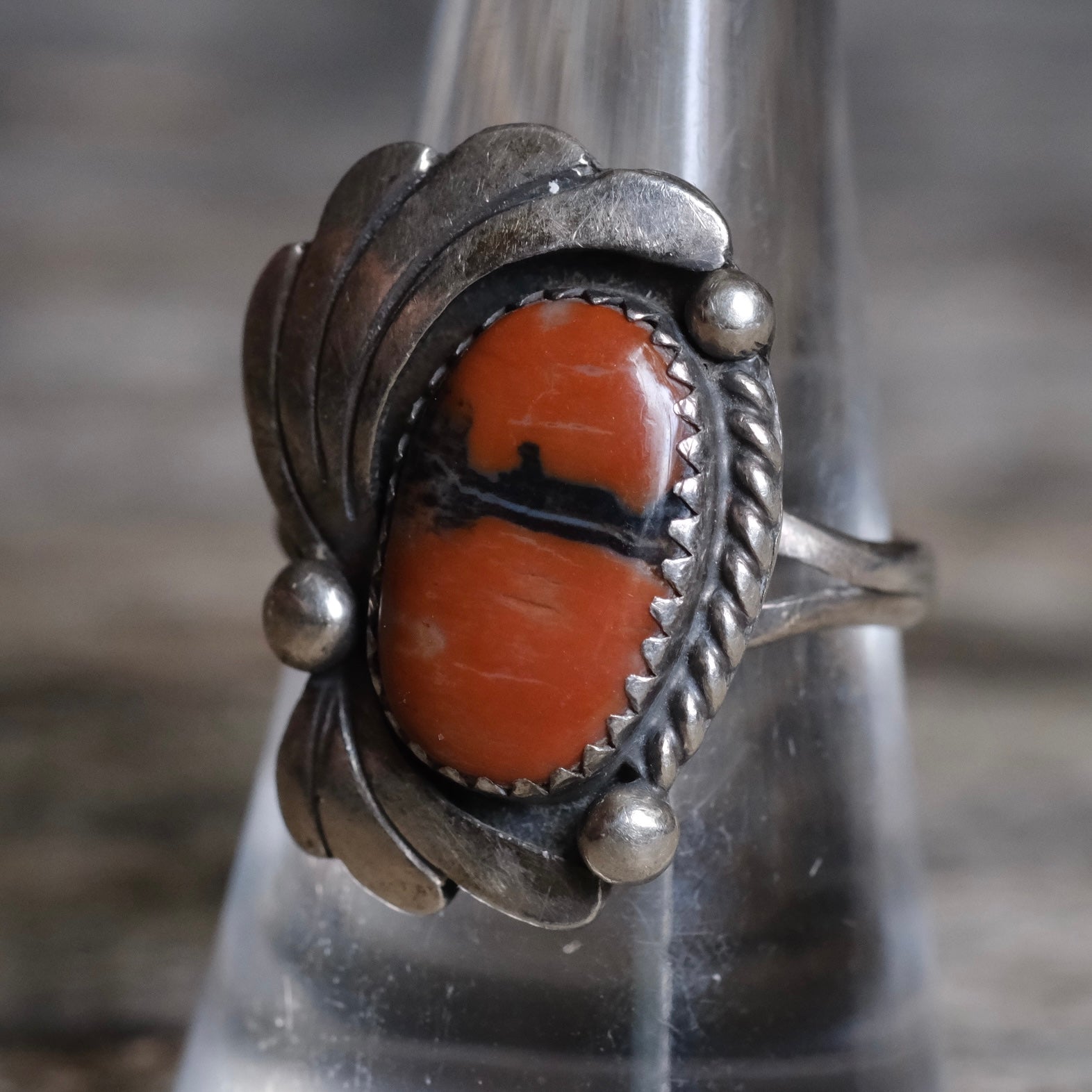 Vintage Sterling Petrified Wood Feather Ring 8