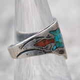 Vintage Sterling Crushed Turquoise and Coral Inlay Waterbird Ring 7.5