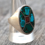 Vintage Sterling Turquoise and Coral Inlay Ring 10