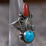 Vintage Sterling Turquoise and Coral Feather Ring 6.75