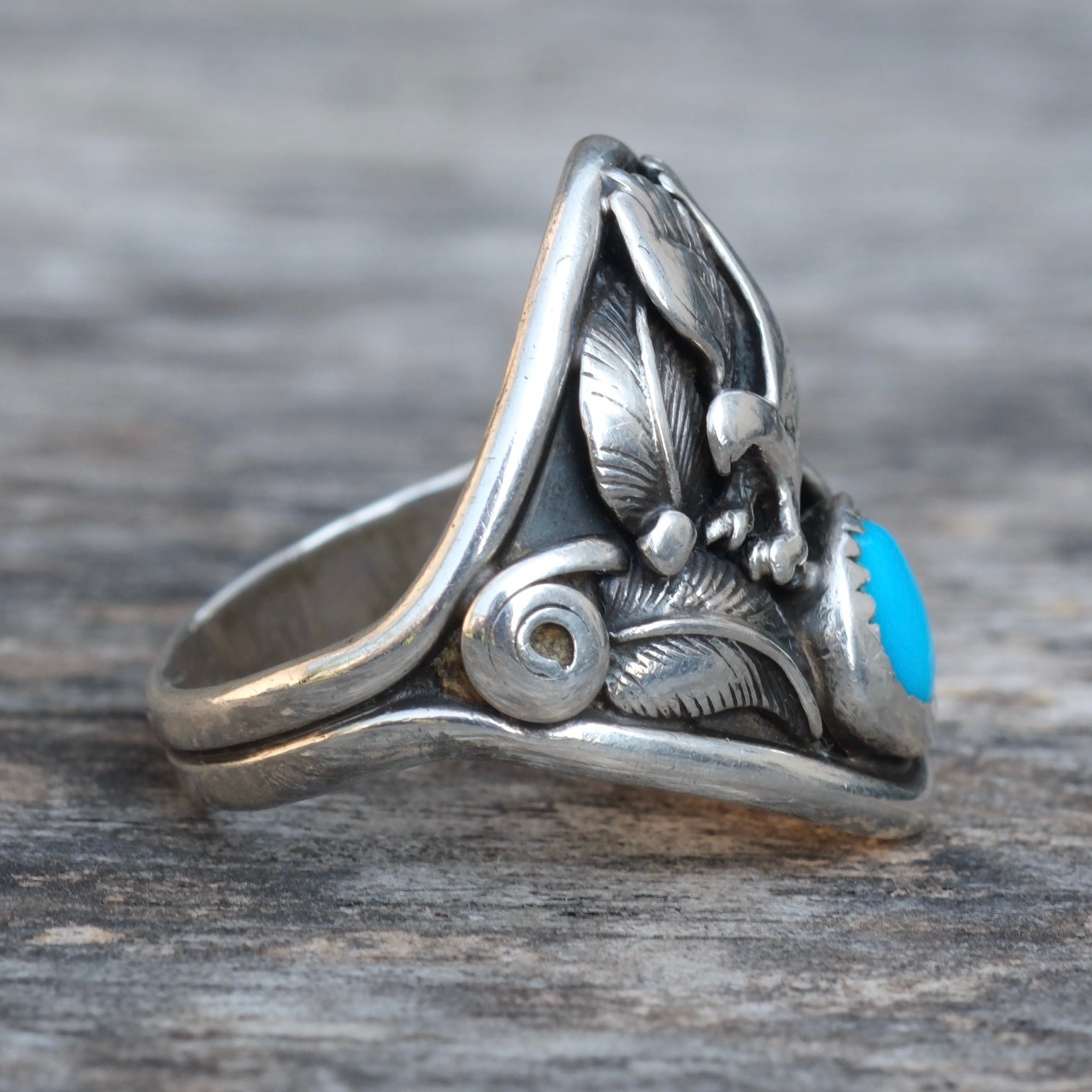 Vintage Sterling Turquoise Eagle Ring 9.5