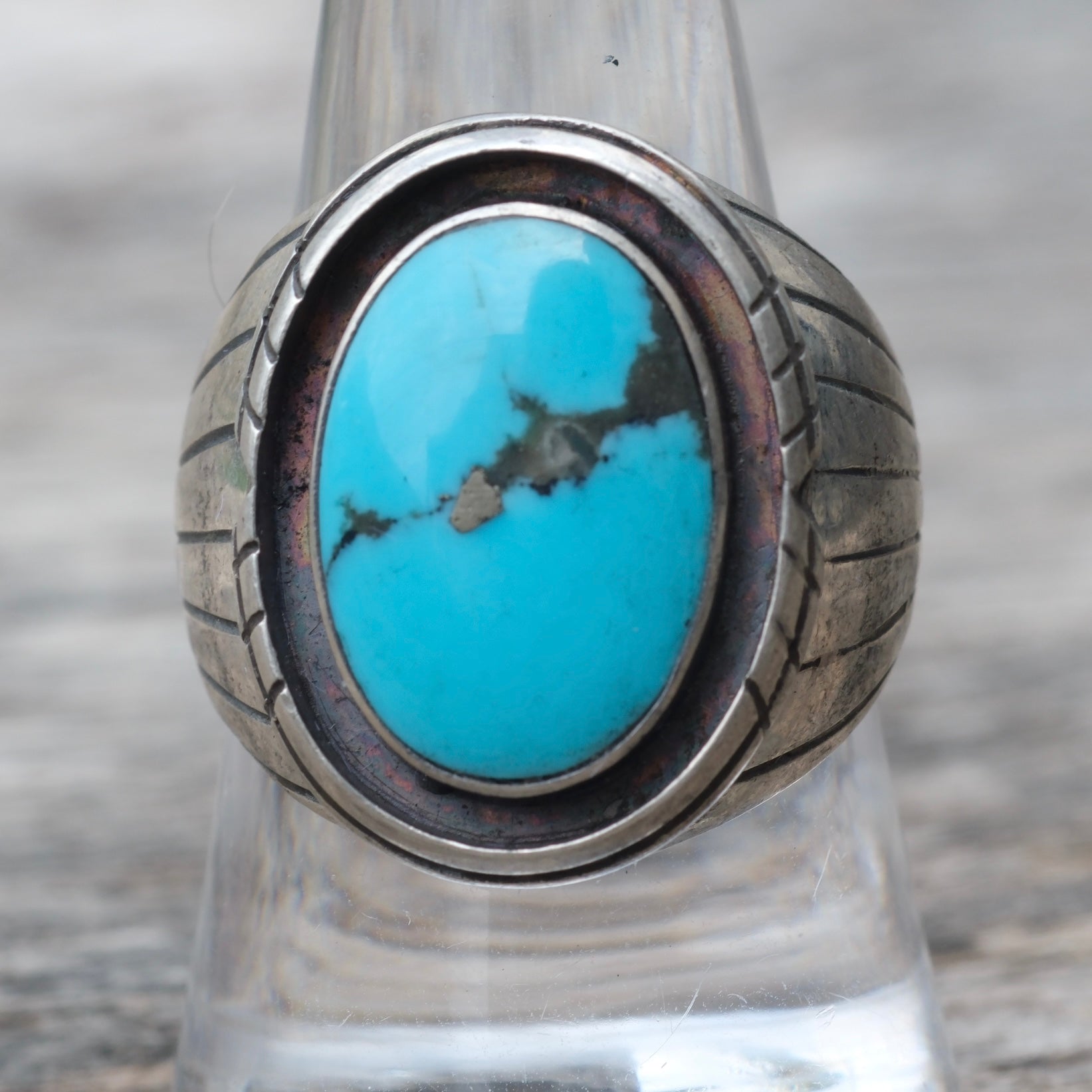 Vintage Sterling Turquoise Ribbed Band Ring 9