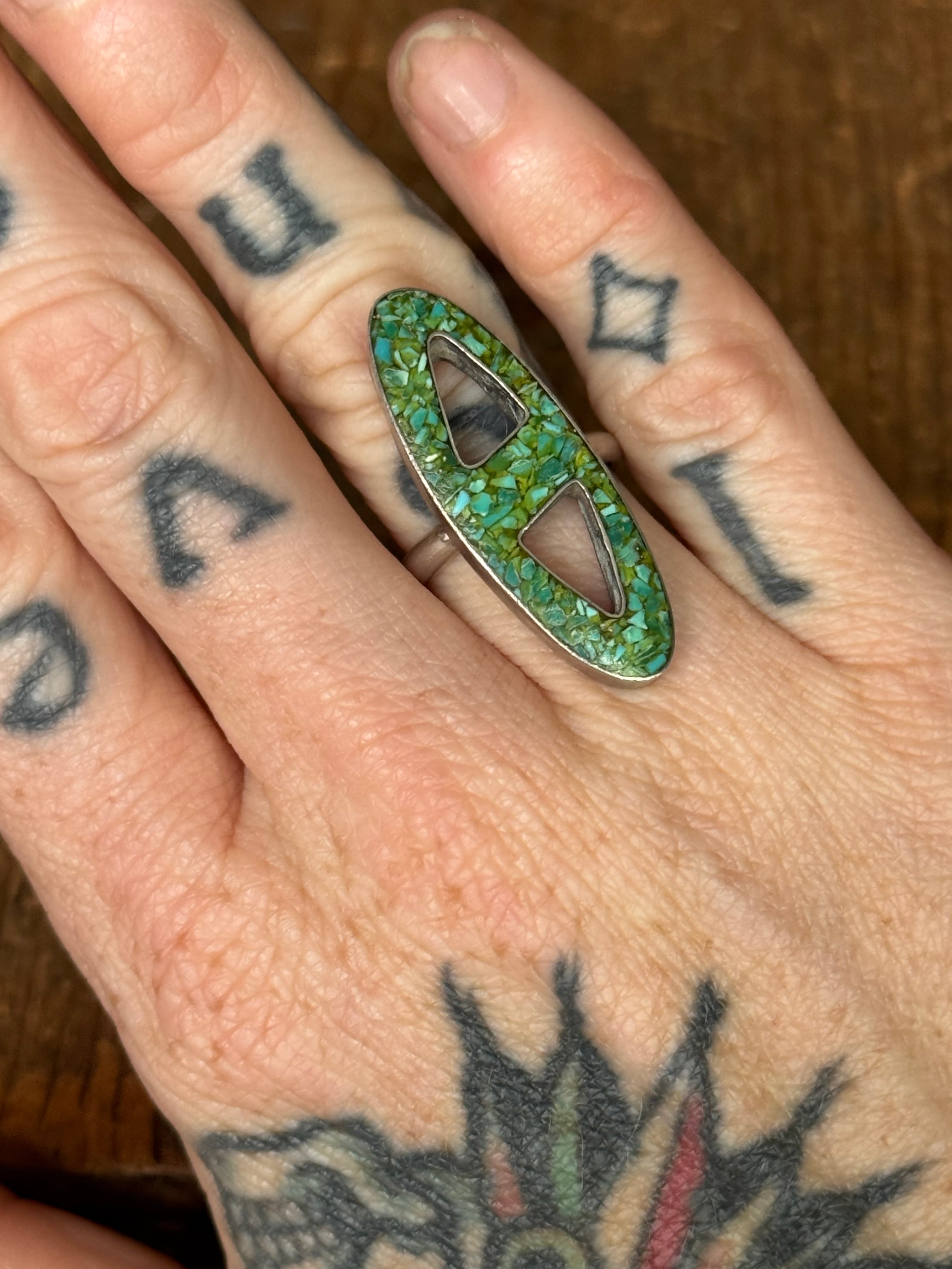 Vintage Sterling Silver Chip Turquoise Inlay 6