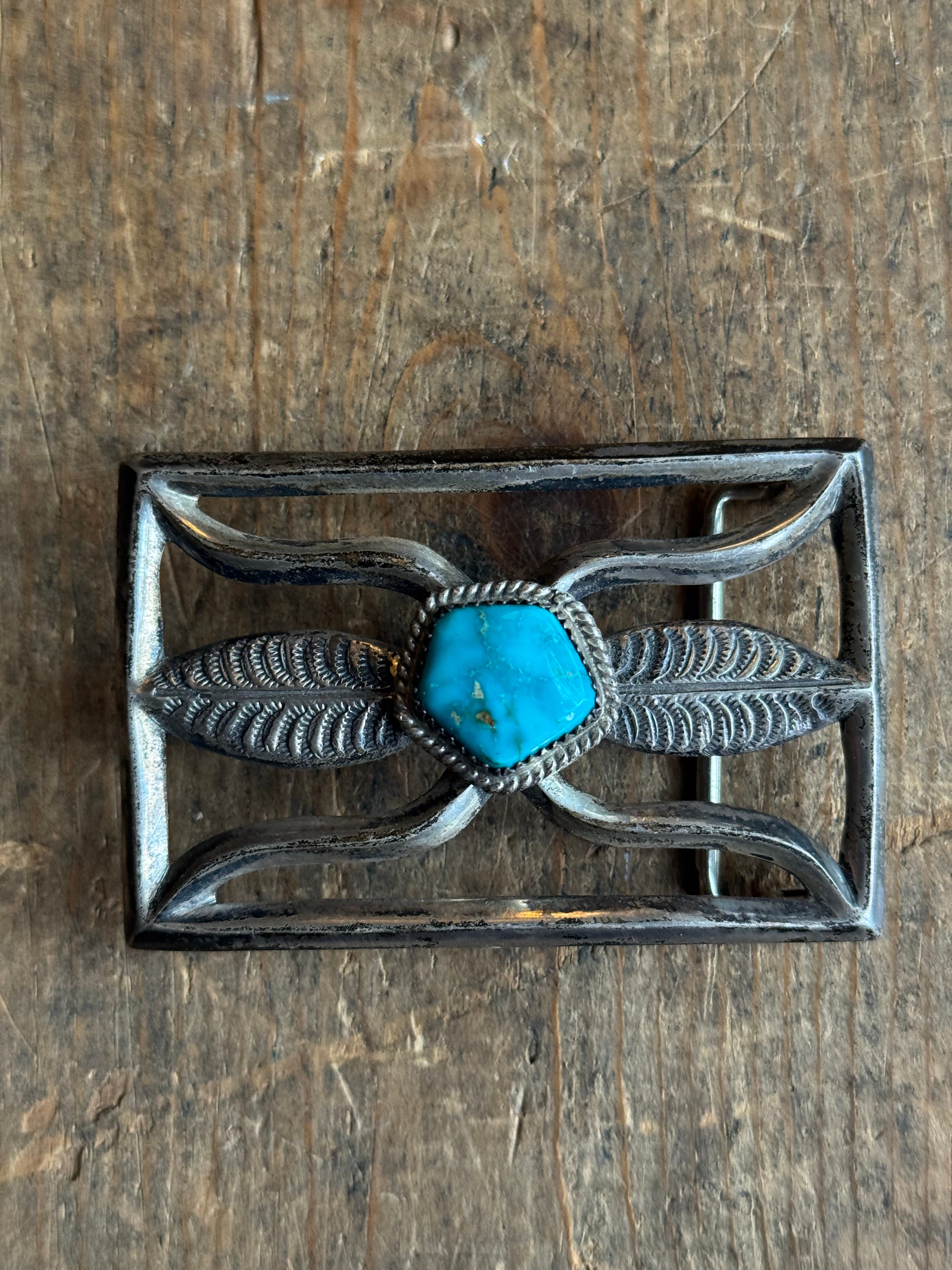 Vintage Sterling Silver Turquoise Sandcast Leaf Belt Buckle