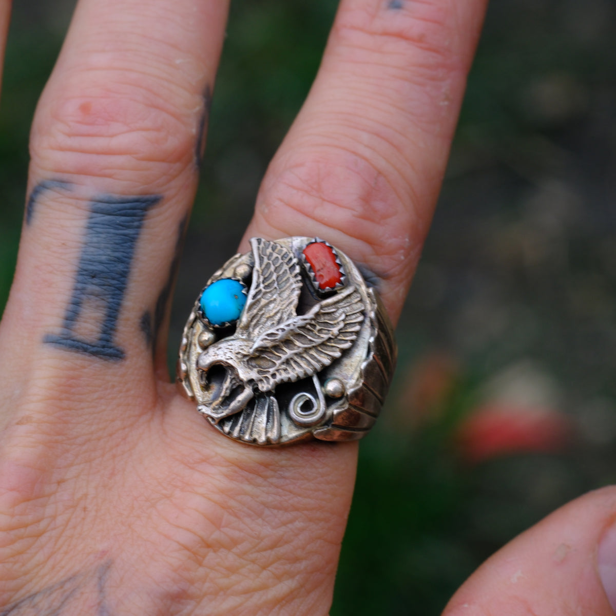 Vintage Sterling Turquoise and Coral Eagle Ring 10.75