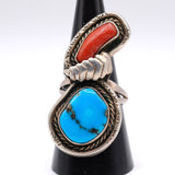 Vintage Sterling Turquoise and Coral Feather Ring 8