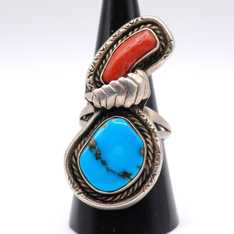 Vintage Sterling Turquoise and Coral Feather Ring 8