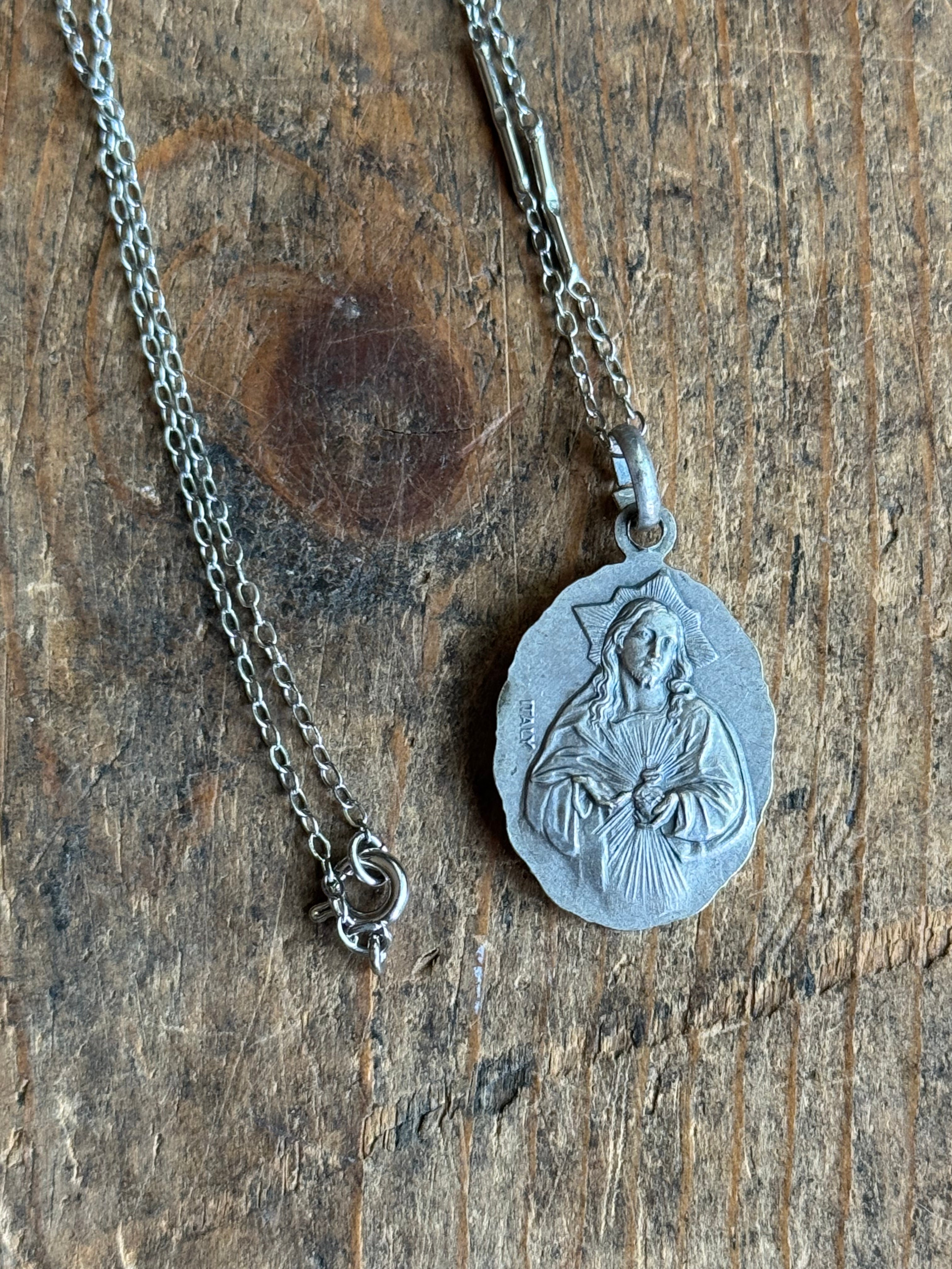 Vintage Sterling Silver Double Sided St. Jude & Jesus Medallion Necklace