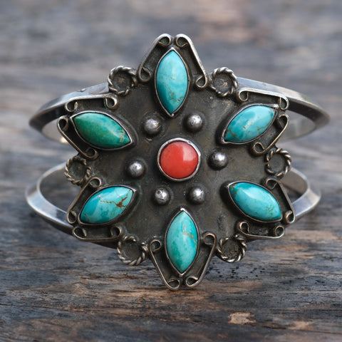 Chunky Vintage Sterling Turquoise and Coral Cluster Cuff
