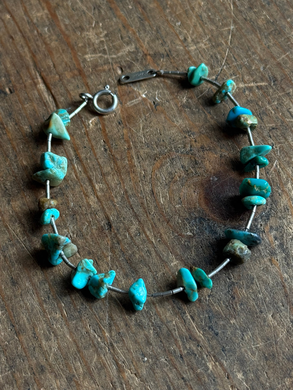 Vintage Sterling Silver Beaded Raw Turquoise Bracelet