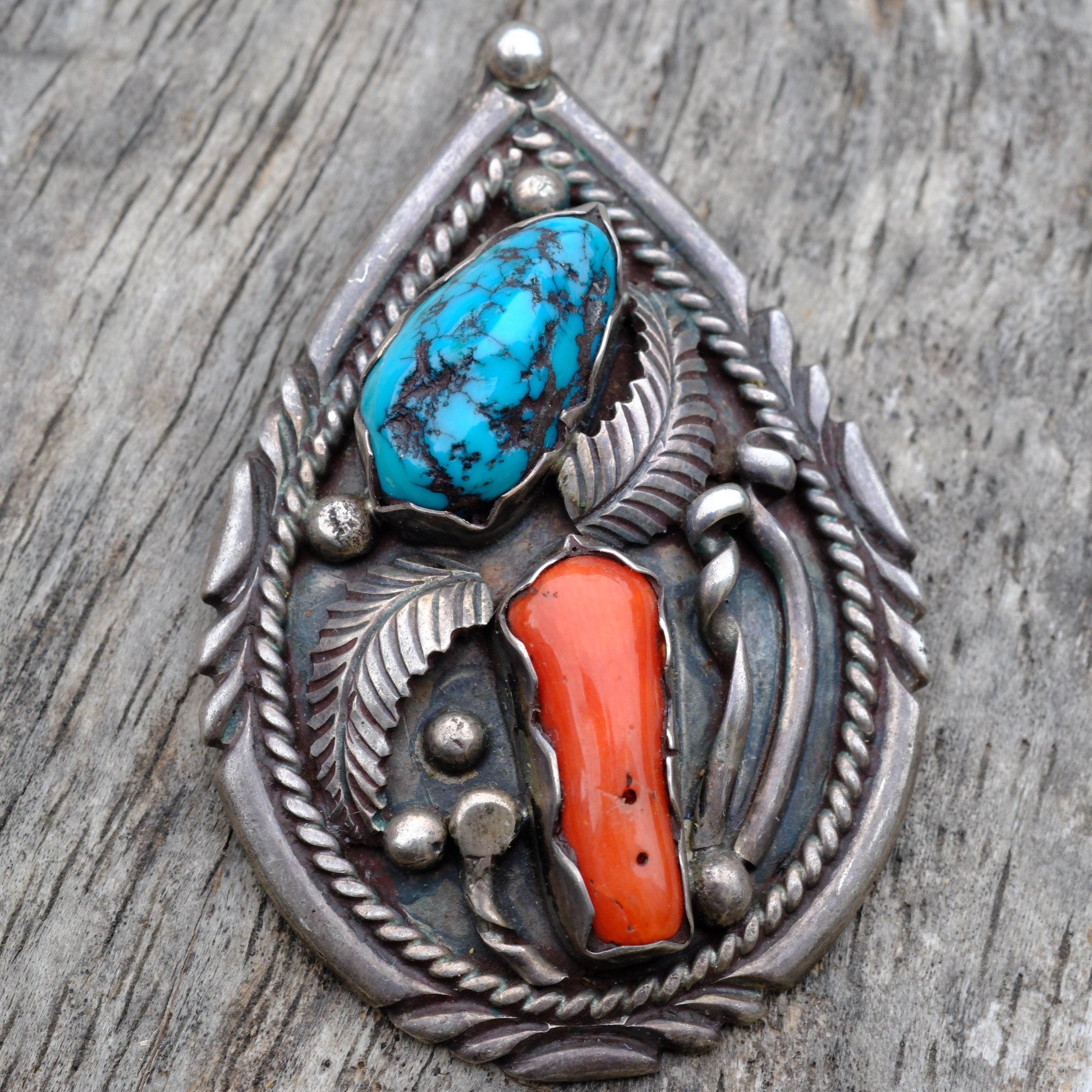 Huge Vintage Sterling Turquoise and Coral Feather Pendant