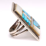 HUGE Vintage Sterling Turquoise and Mother Of Pearl Inlay Ring 5.75