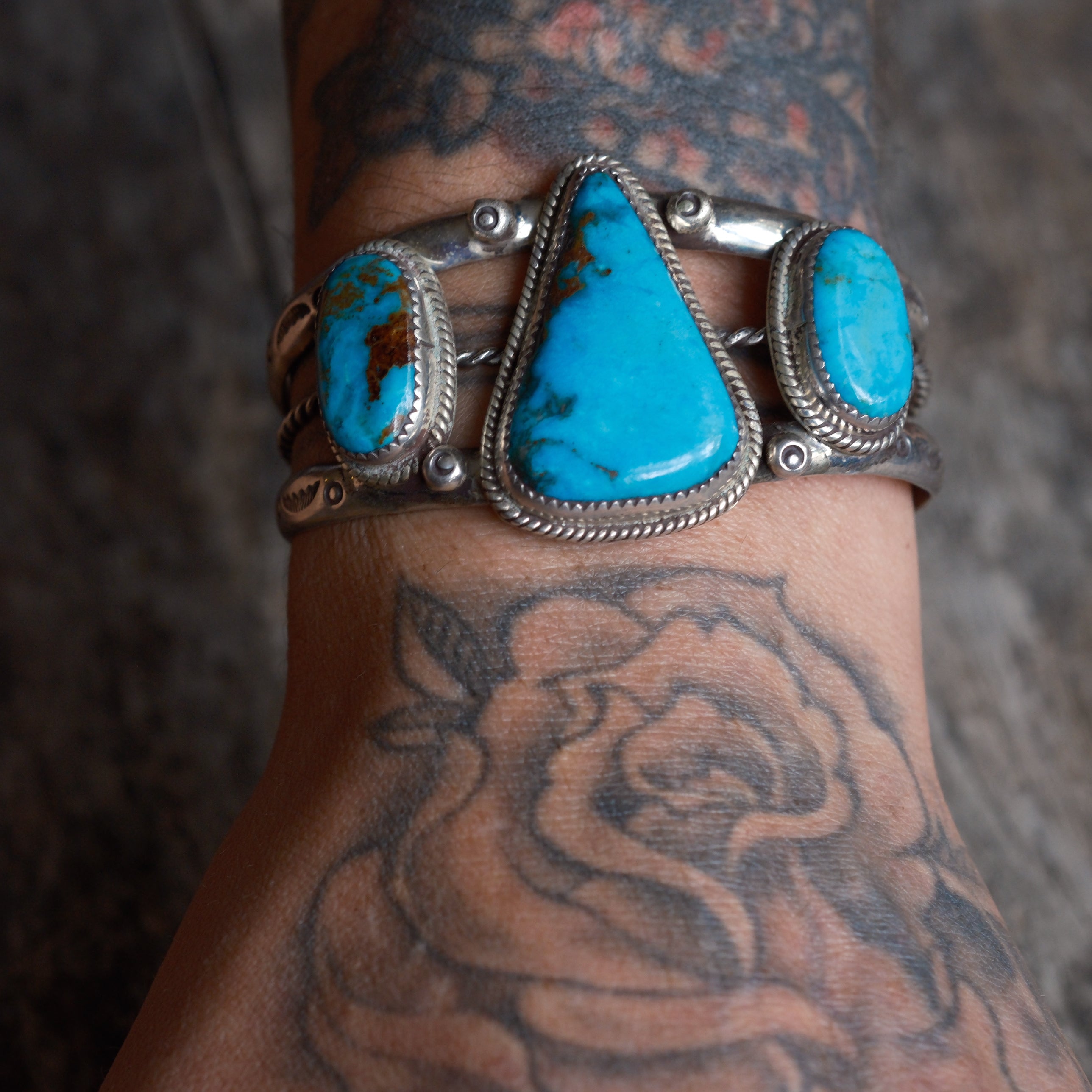 Huge Vintage Sterling 3-Stone Turquoise Cuff Bracelet